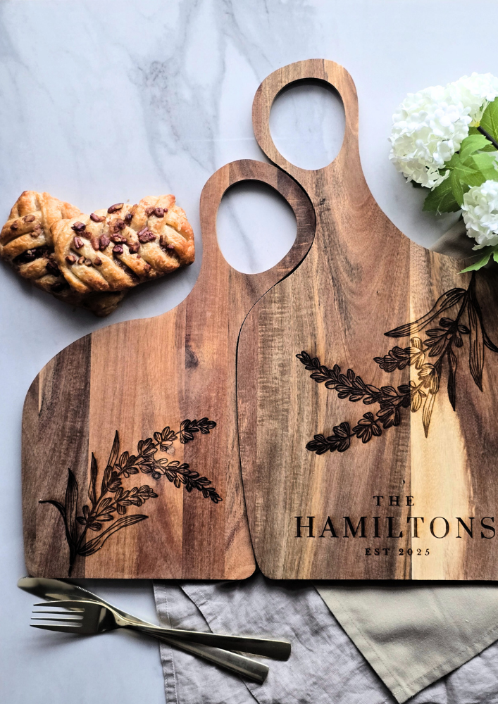 Personalised Two-Piece Acacia Serving & Chopping Board Set – Custom Name & Date Gift