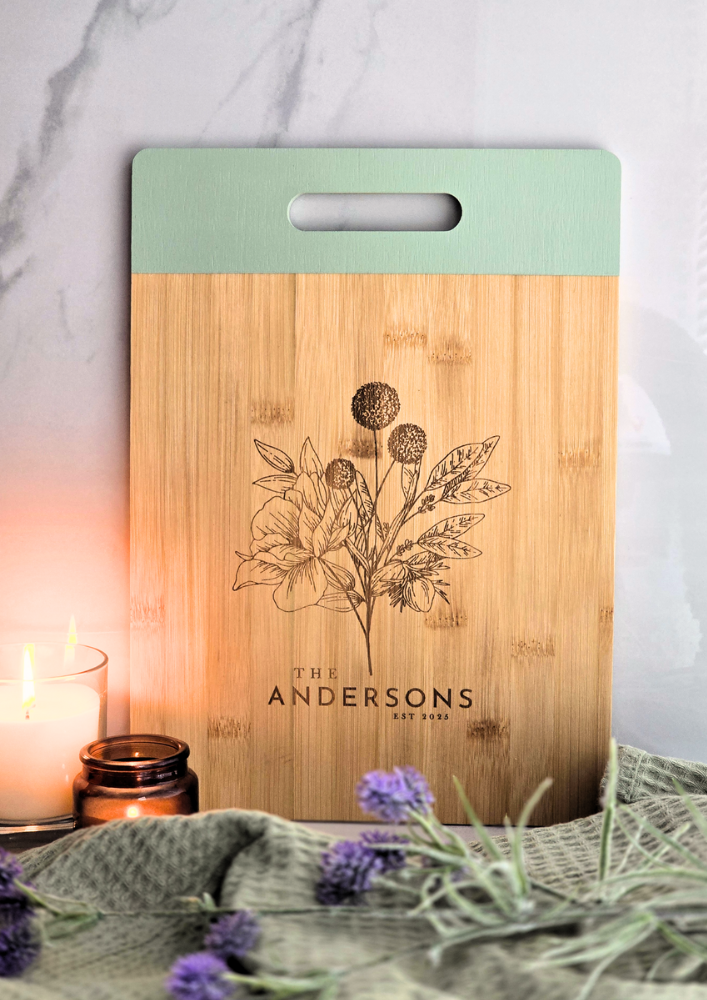 Personalised Bamboo Chopping Board – Cottage Chic Custom Name & Date Gift