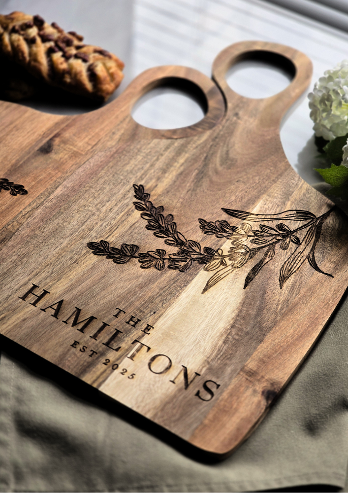Personalised Two-Piece Acacia Serving & Chopping Board Set – Custom Name & Date Gift