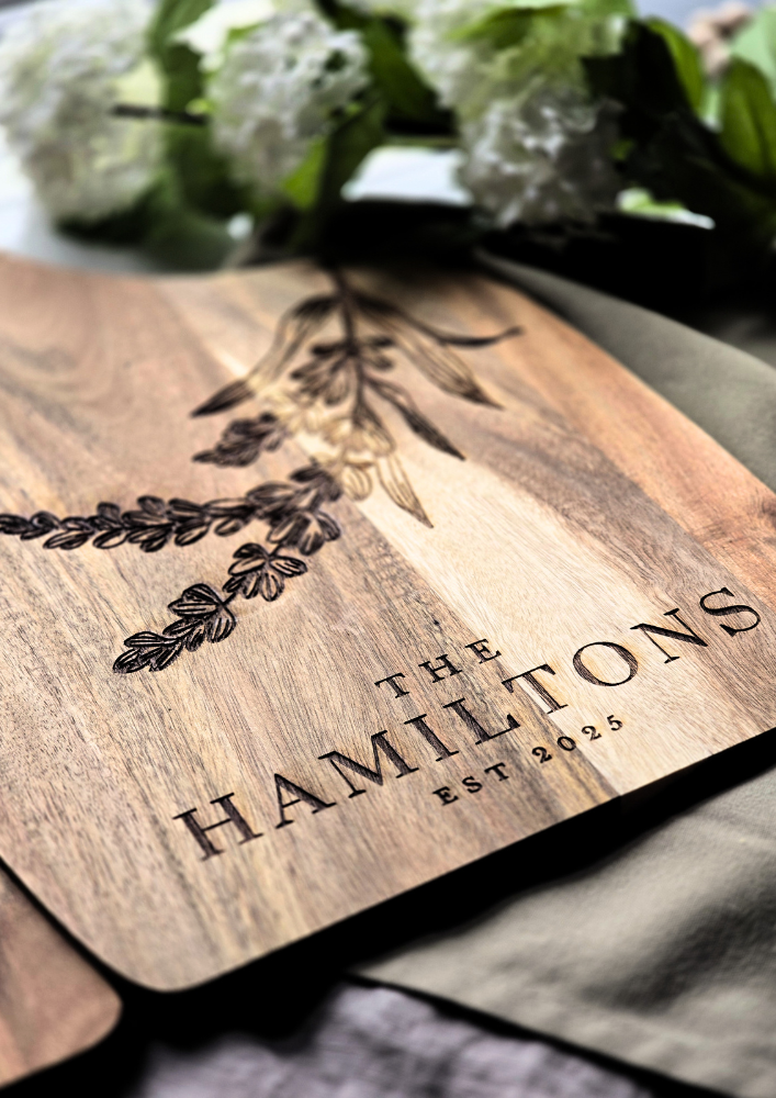 Personalised Two-Piece Acacia Serving & Chopping Board Set – Custom Name & Date Gift