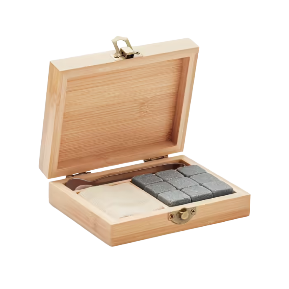 Personalised Reusable Stone Ice Cube Set – Laser Engraved Bamboo Gift Box