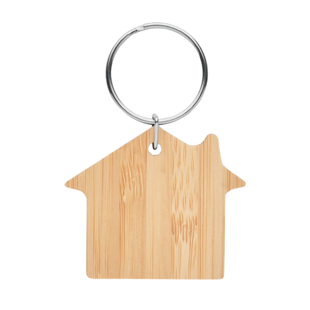Personalised House-Shaped Bamboo Key Ring – Custom Engraved