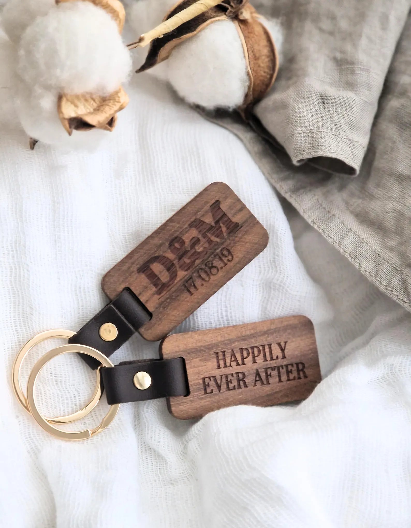 Personalised Engraved Walnut Keyring – Custom Couples Gift