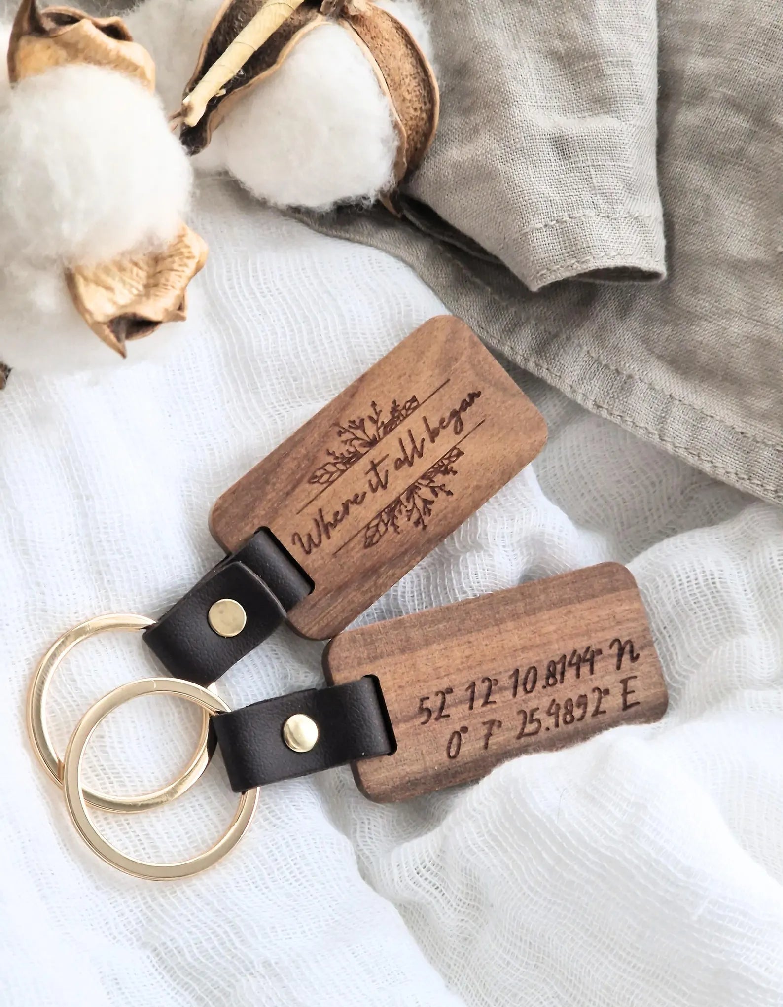 Personalised Engraved Walnut Keyring – Custom Couples Gift