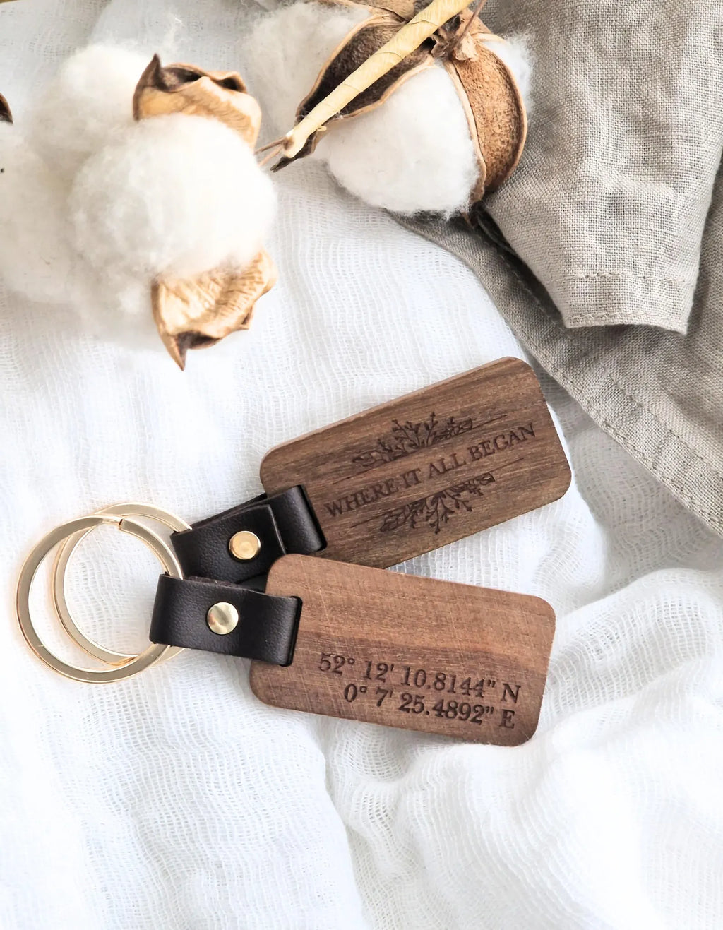 Personalised Engraved Walnut Keyring – Custom Couples Gift