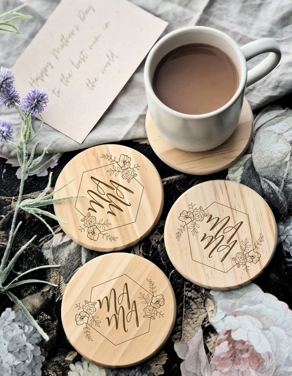 Personalised Engraved Wooden Coaster Set of 4 – Custom Mother’s Gift