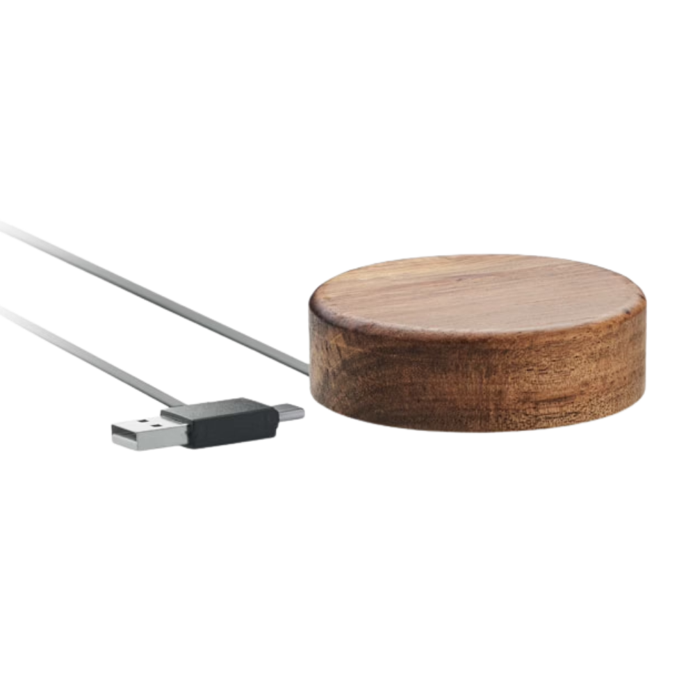 Personalised Acacia Wood Wireless Charger 15W – Custom Engraved with Retractable Cable