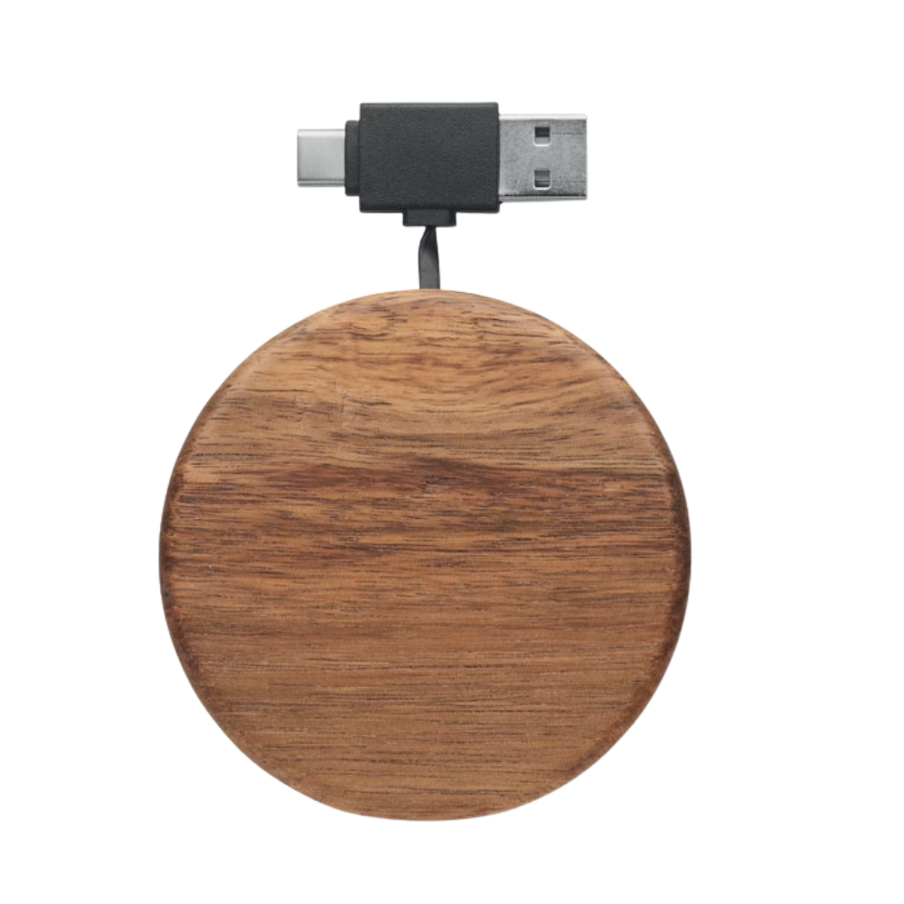 Personalised Acacia Wood Wireless Charger 15W – Custom Engraved with Retractable Cable