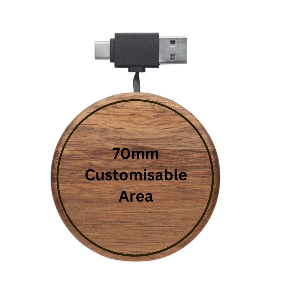 Personalised Acacia Wood Wireless Charger 15W – Custom Engraved with Retractable Cable