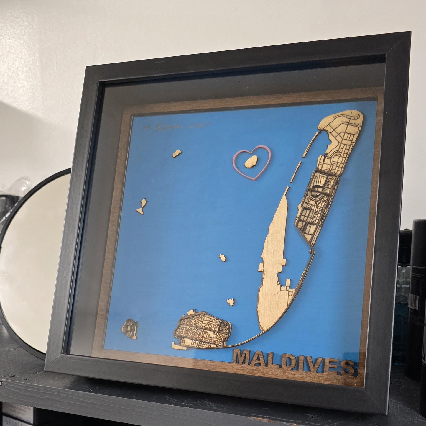 Customised Laser-Cut 3D Map with Bespoke Place Name Framed - 5th wedding anniversary gift ideas. Wedding gift. Wooden map. Laser cut map.